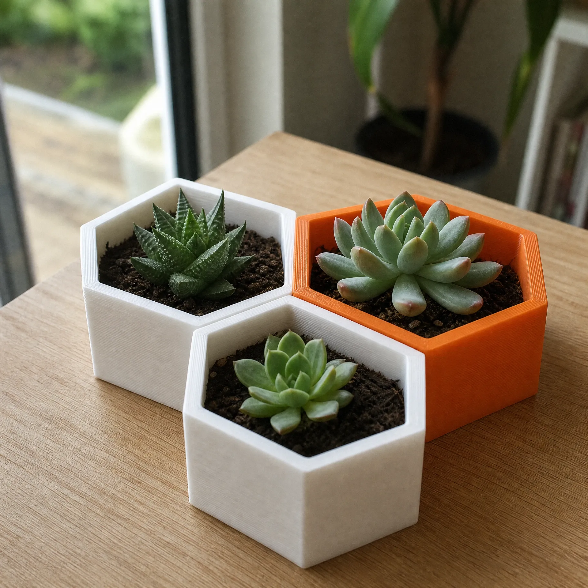 Macetas hexagonales impresas en 3D con suculentas