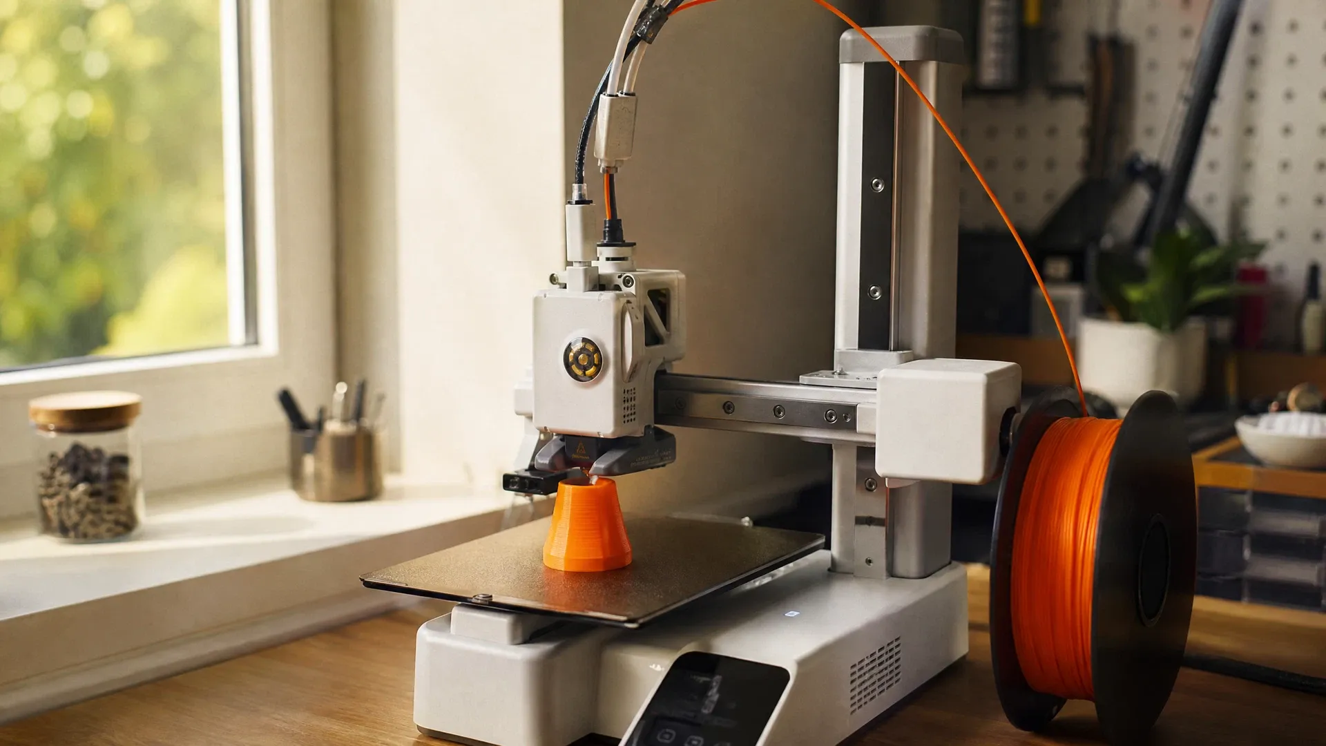 Impresora 3D Bambu Lab imprimiendo una pieza naranja
