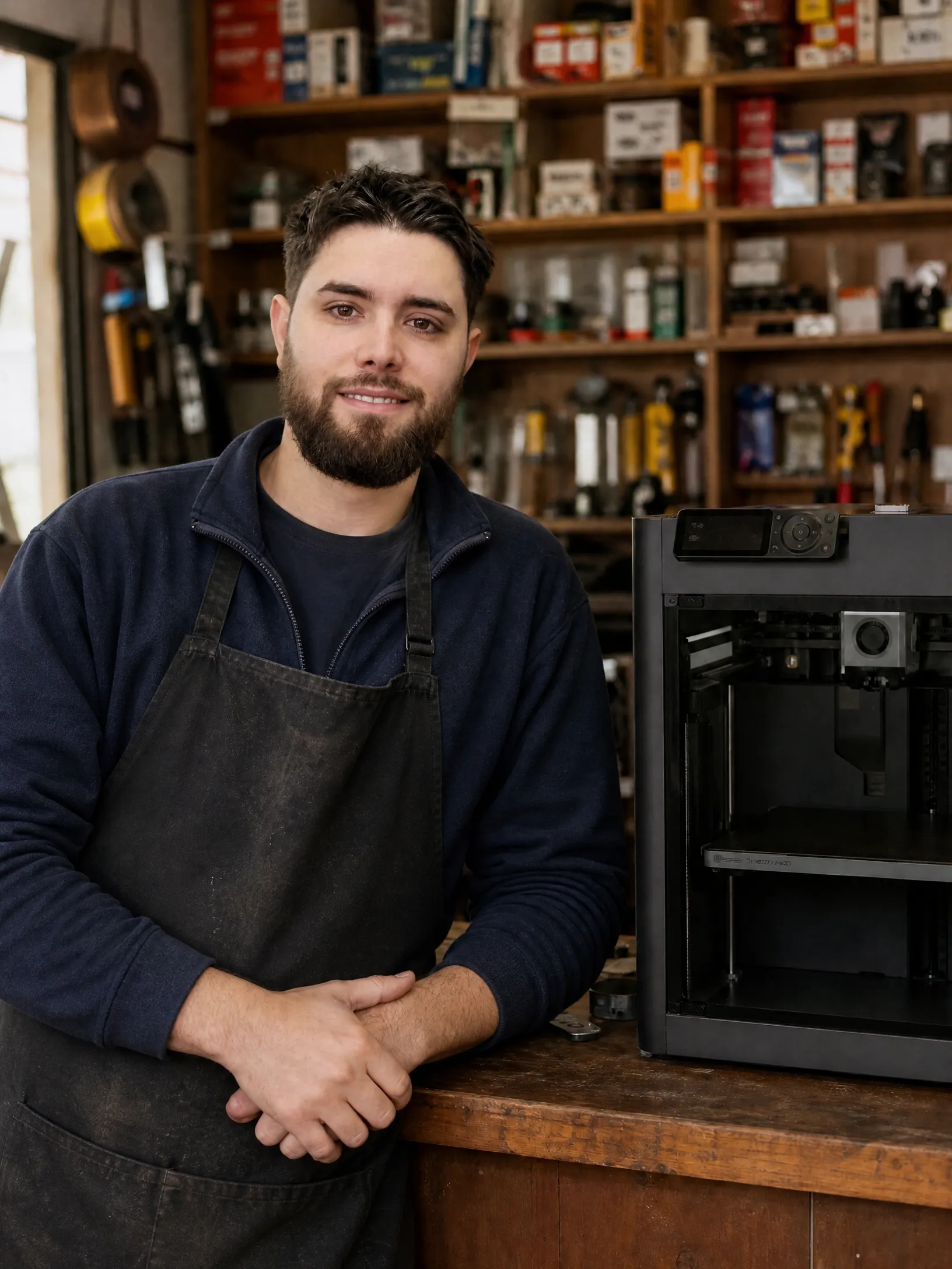 El creador de Remon3D en su taller junto a su impresora 3D